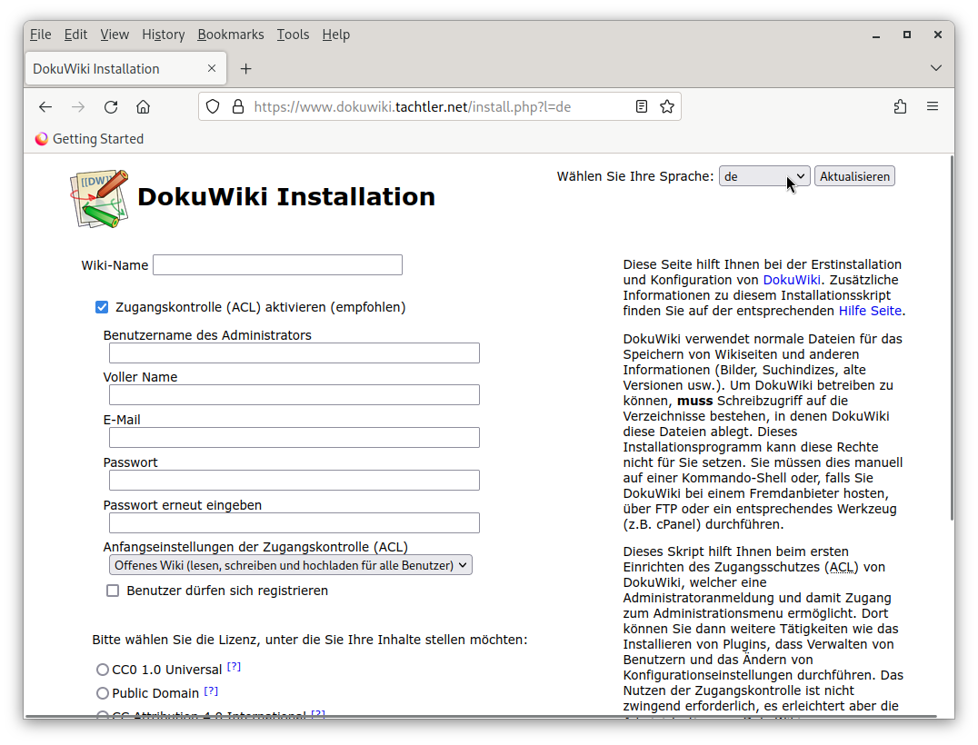 DokuWiki - Installationsseite - Sprache: Deutsch