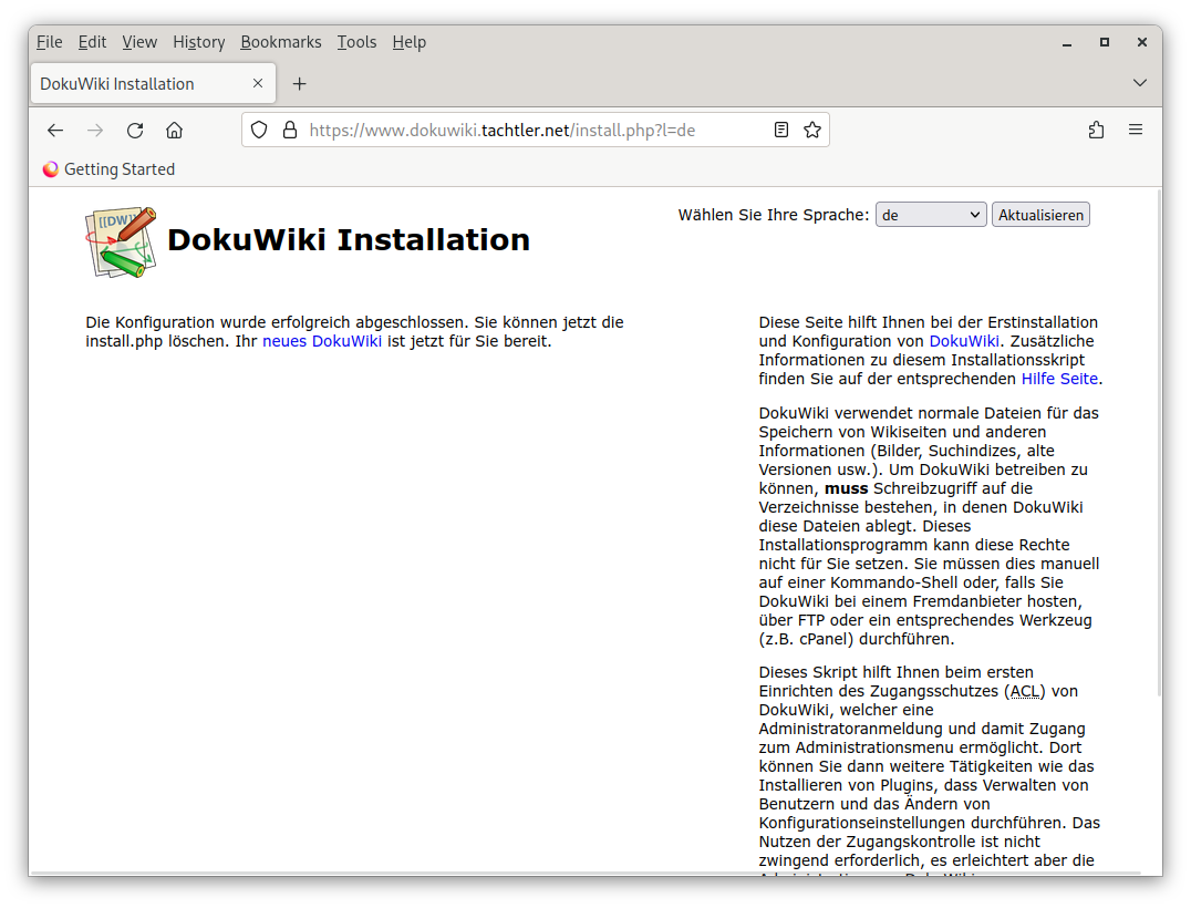 DokuWiki - Installationsseite - Sprache: Deutsch - Installation - Fertig