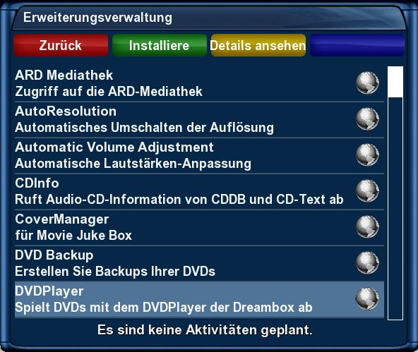 Dreambox DM 7025+ - Hauptmenü - Erweiterungen - Plugin Browser - Erweiterungen verwalten - Erweiterungsverwaltung - Multimedia - DVD Player