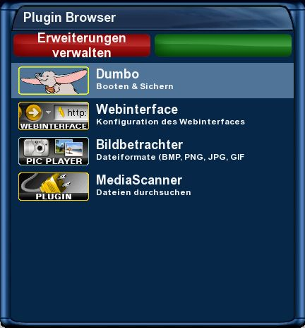Dreambox - Hauptmenü - Eigenschaften - Plugin Browser - Dumbo