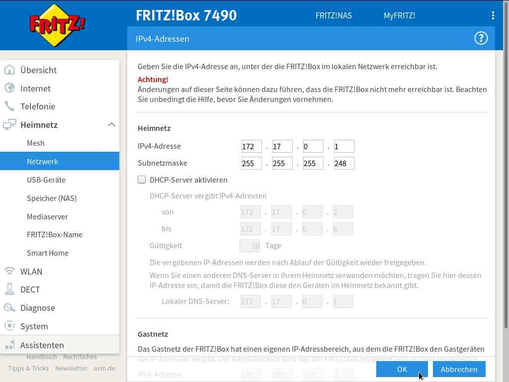 FRITZ!Box - Heimnetz - Netzwerk - Netzwerkeinstellungen - IPv4-Adressen - eigene Einstellungen - Es besteht keine DSL-Verbindung