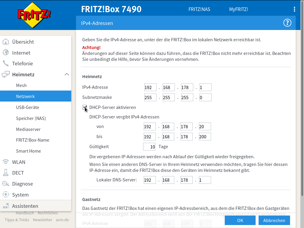 FRITZ!Box - Heimnetz - Netzwerk - Netzwerkeinstellungen - IPv4-Adressen - Standardeinstellungen - Es besteht keine DSL-Verbindung