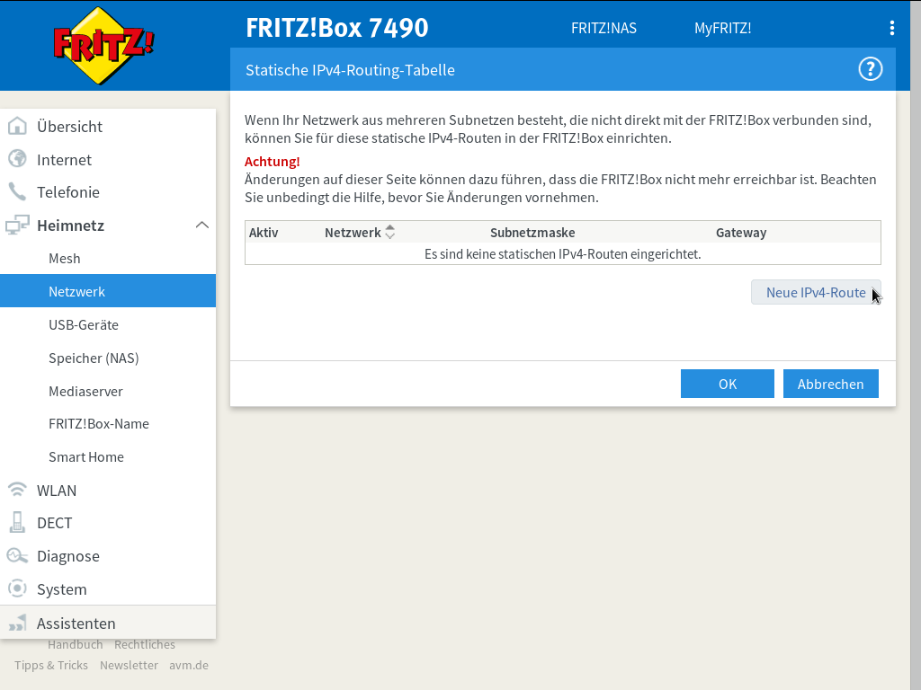 FRITZ!Box - Heimnetz - Netzwerk - Netzwerkeinstellungen - statische Routingtabelle - IPv4-Routen