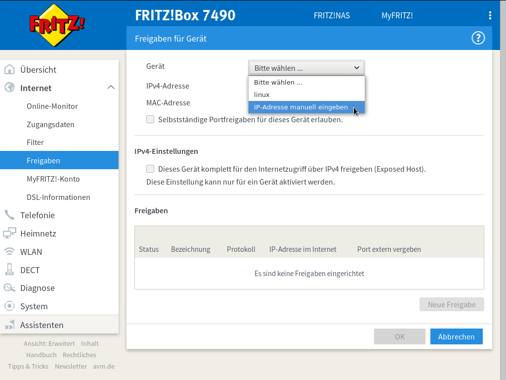 FRITZ!Box - Internet - Freigaben - Portfreigaben - Freigaben für Gerät - Es besteht keine DSL-Verbindung