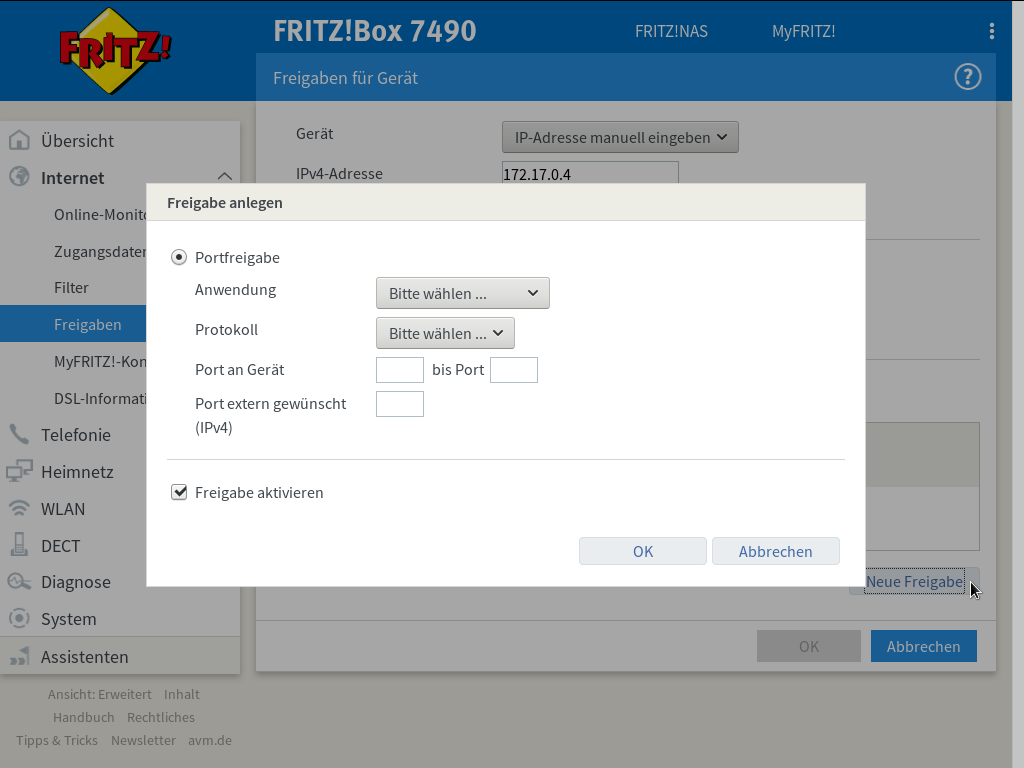 FRITZ!Box - Internet - Freigaben - Portfreigaben - Freigaben für Gerät - Neue Freigabe - Freigaben - Es besteht keine DSL-Verbindung