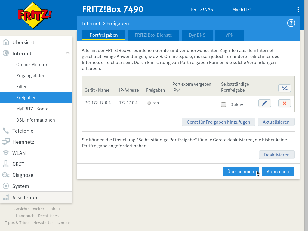 FRITZ!Box - Internet - Freigaben - Portfreigaben - Freigaben für Gerät - Neue Freigabe - Freigaben - OK - OK - Es besteht keine DSL-Verbindung
