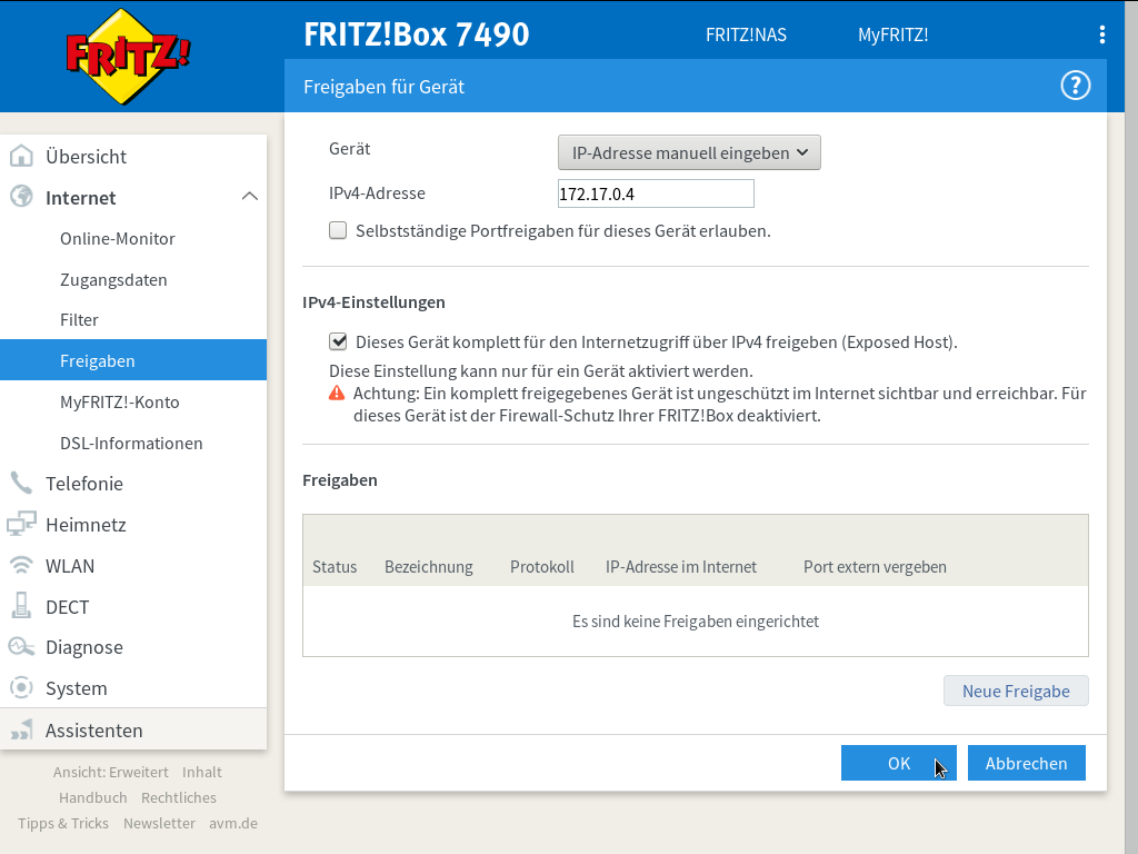 FRITZ!Box - Internet - Freigaben - Portfreigaben - Freigaben für Gerät - Neue Freigabe - IPv4-Einstellungen - Es besteht keine DSL-Verbindung