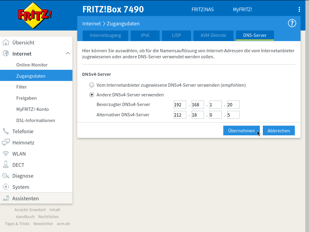 FRITZ!Box - Internet - Zugangsdaten - DNS-Server - DNSv4-Server - Andere DNSv4-Server verwenden - Einstellungen gespeichert