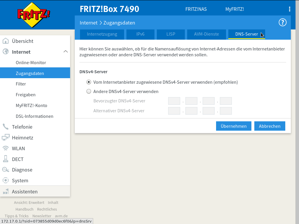 FRITZ!Box - Internet - Zugangsdaten - DNS-Server - DNSv4-Server - Standard