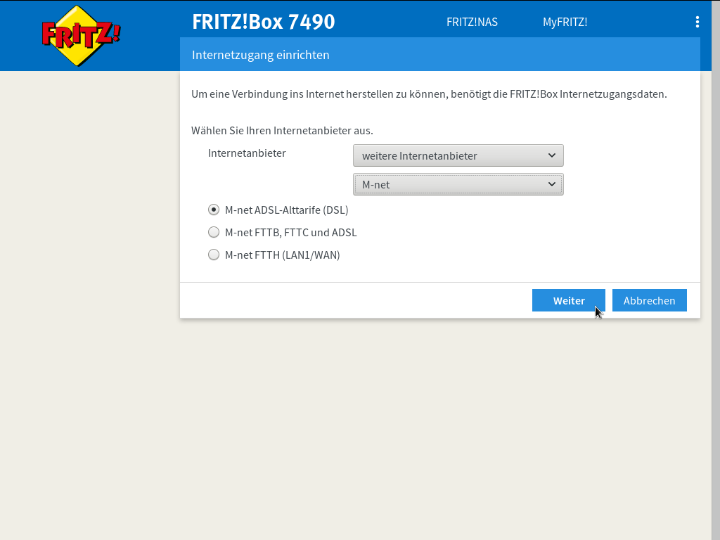 FRITZ!Box - Internetzugang einrichten - Internetanbieter - weitere Internetanbieter - M-net - DSL|