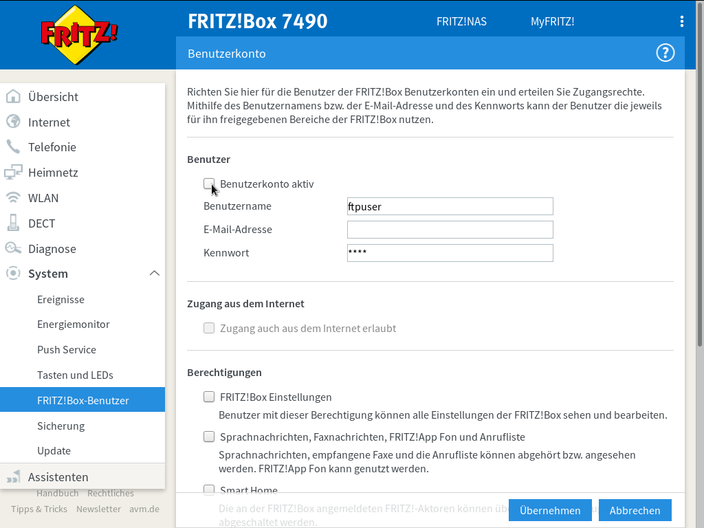 FRITZ!Box - System - FRITZ!Box-Benutzer - Benutzer - Benutzerkonto - Benutzerkonto deaktiviert