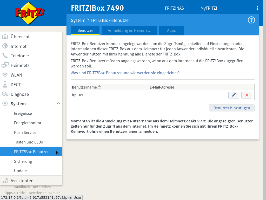 FRITZ!Box - System - FRITZ!Box-Benutzer - Benutzer - deaktiviert