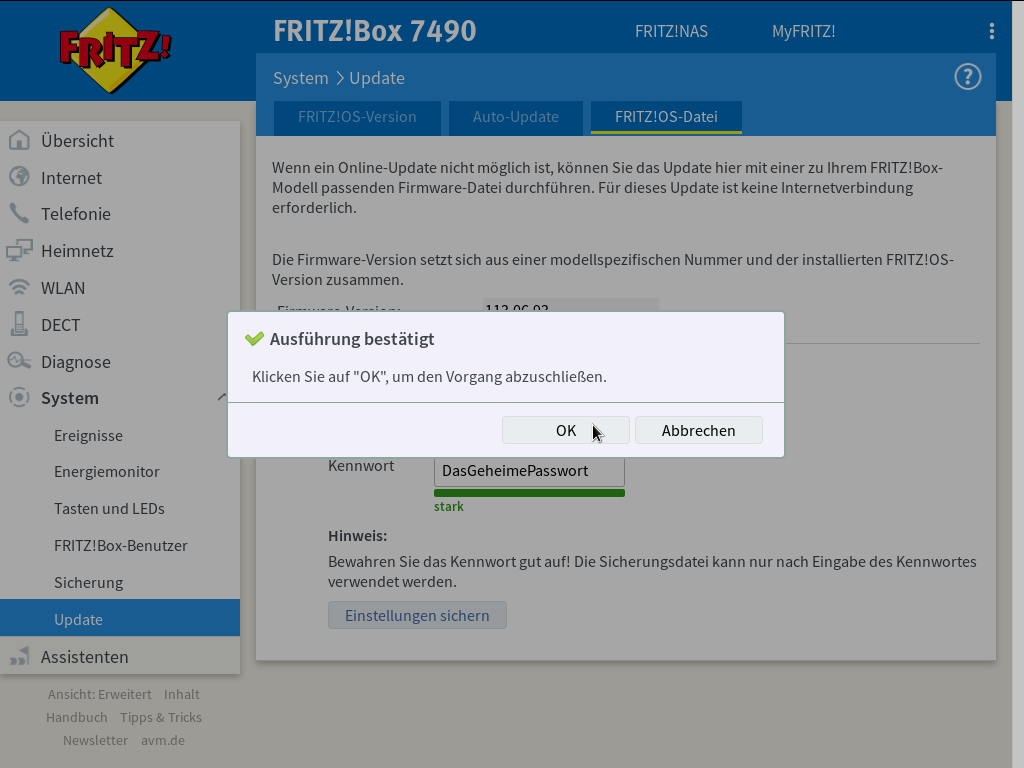 FRITZ!OS - System - Update - Auto-Update - Einstellungen speichern - abgeschlossen