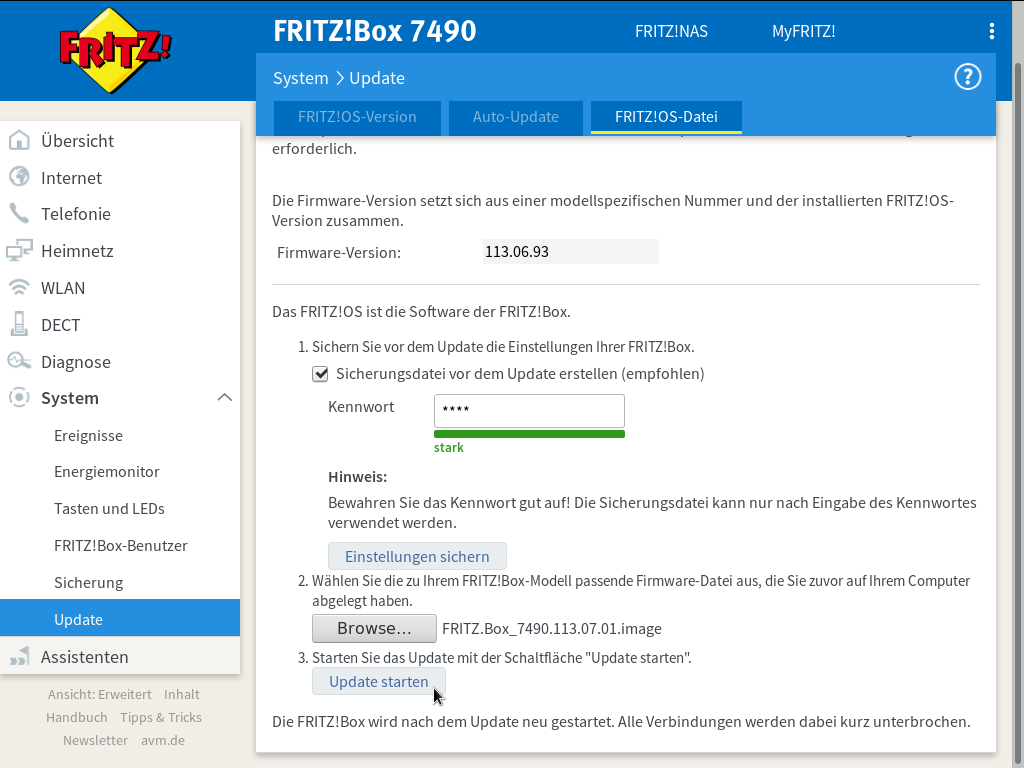 FRITZ!OS - System - Update - Auto-Update - Update starten