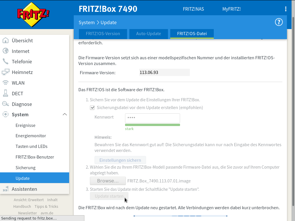 FRITZ!OS - System - Update - Auto-Update - Update starten - Update Schritt 1