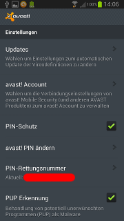 app - avast! - Einstellungen - PIN-Rettungsnummer - gesetzt