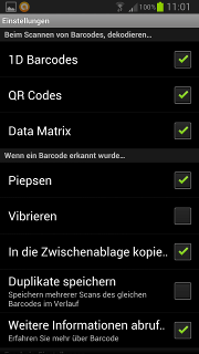 App - Barcode Scanner - Einstellungen - Seite 1