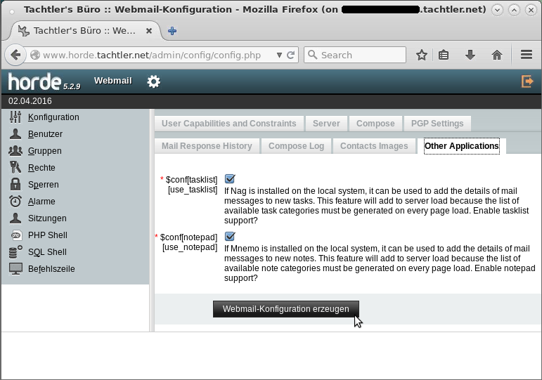 Horde5 - Einstellungen - Administration - Konfiguration - Webmail (imp) 6.x.x - Webmail-Konfiguration erzeugen