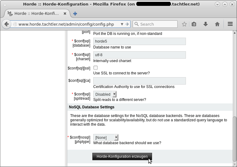 Horde5 - Konfiguration Horde (horde) 5.x.x - Reiter: Database - MySQL (mysqli) - Horde-Konfiguration erzeugen