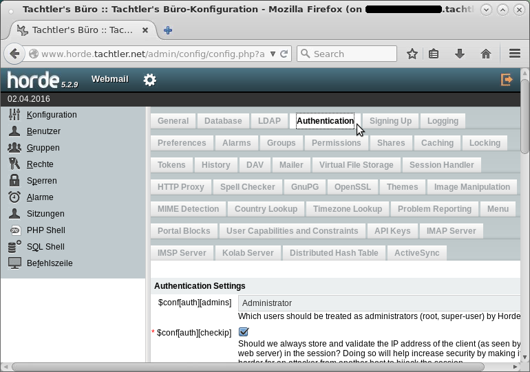 Horde5 - Konfiguration - mit Webmail (imp) - Horde (horde) 5.x.x - Reiter: Authentication