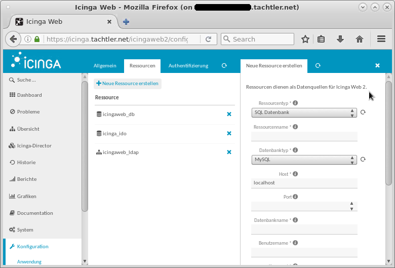 Icinga Web 2 - Dashboard - Menüpunkt - Konfiguration - Anwendung - Auswahl: Ressourcen - Neue Ressource erstellen