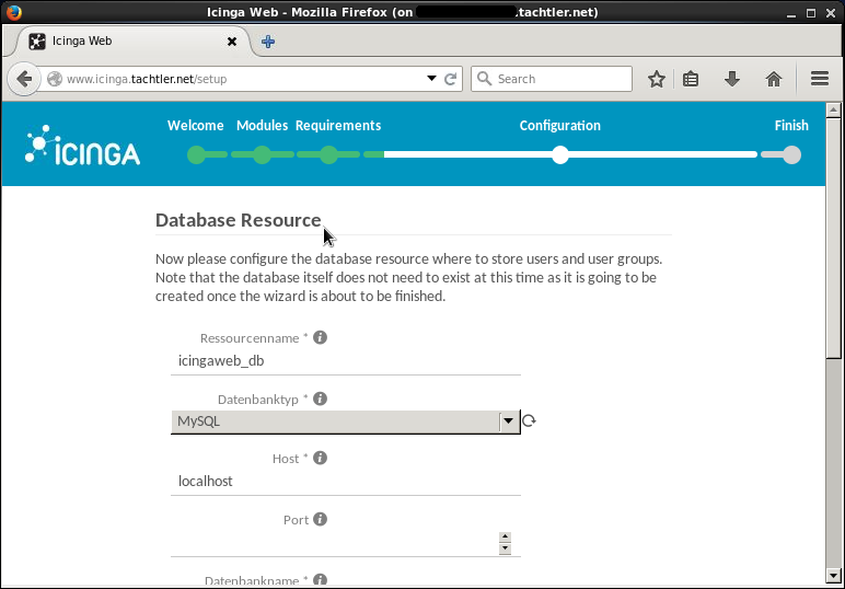 Icinga Web 2 - Setup Configuration - SQL Database Resource - Seite 1