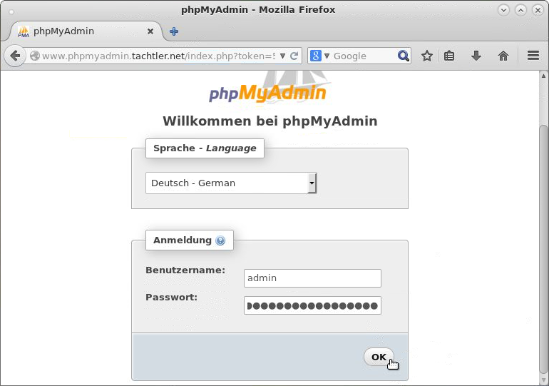 phpMyAdmin - Anmeldung