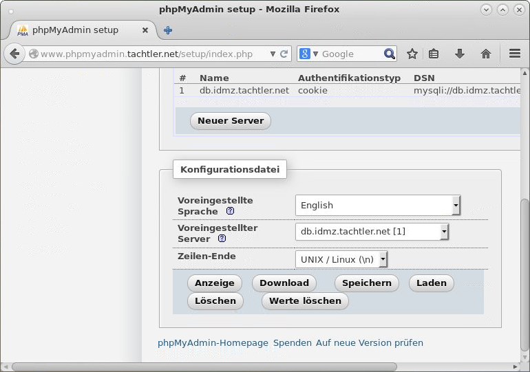 phpMyAdmin - Setup - Laden - Konfigurationsdatei - Erzeugen