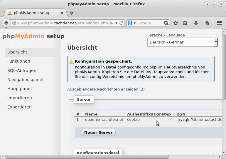 phpMyAdmin - Setup - Neuer Server - Konfigurationsdatei -Speichern