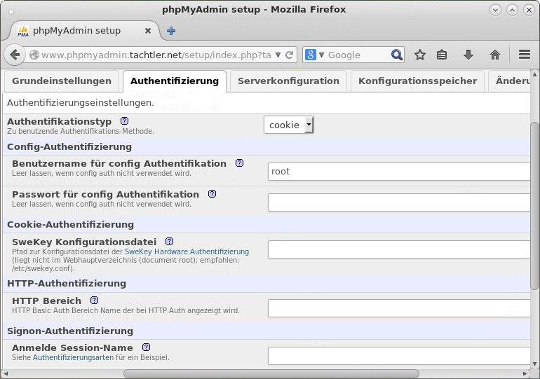 phpMyAdmin - Setup - Neuer Server - Authentifizierung