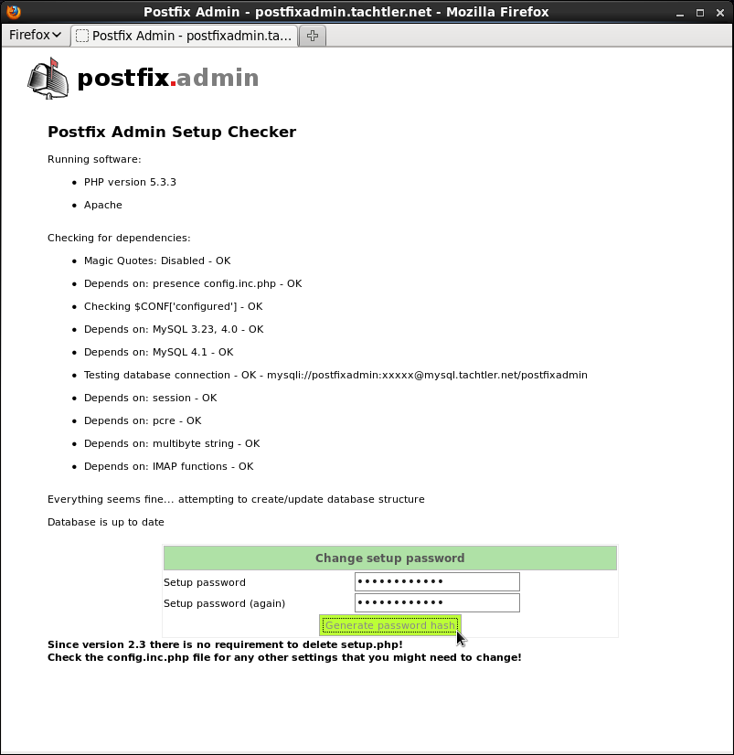 Postfix Admin Setup Checker - Setup Hash