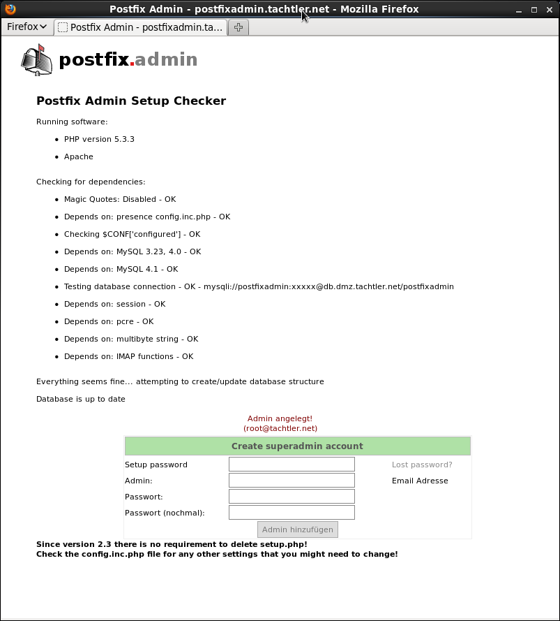 Postfix Admin Setup Checker - Superadmin angelegt