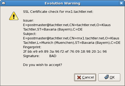 Warning-Dialog TLS-Certificate Evolution-Mailer