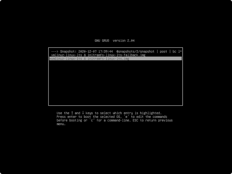 Neustart GRUB - Arch Linux snapshots - Auswahl Kernel