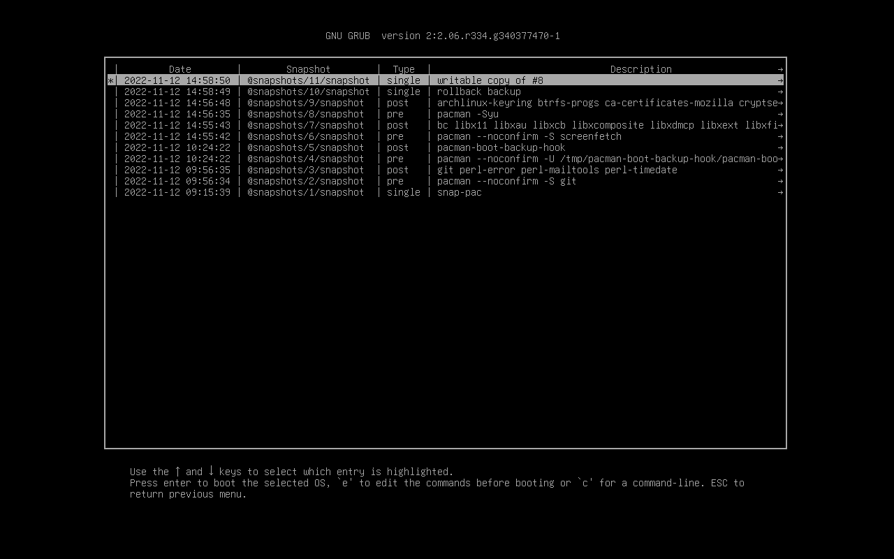 Archlinux - Install - UEFI-Boot with Snapshot - Arch Linux snapshots menu