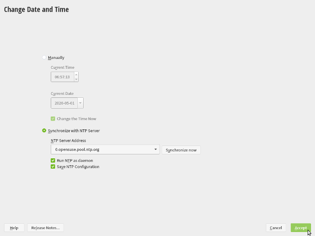 openSUSE Leap 15.1 - DVD - Uhrzeit und Zeitzone - Weitere Einstellungen - Änderung des Datums und er Uhrzeit