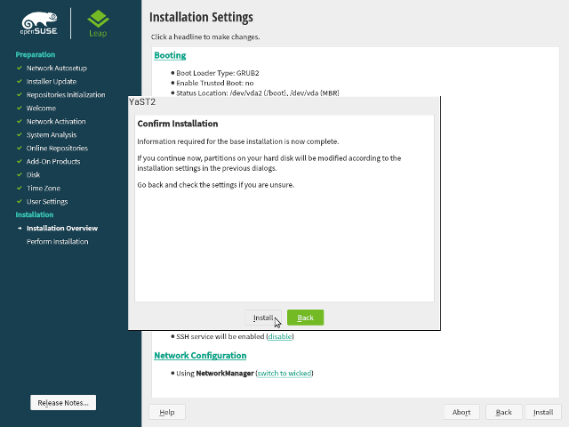 openSUSE Leap 15.1 - DVD - Zusammenfassung Installation - Installationsbestätigung