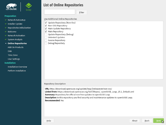 openSUSE Leap 15.1 - DVD - Liste der online Repositories