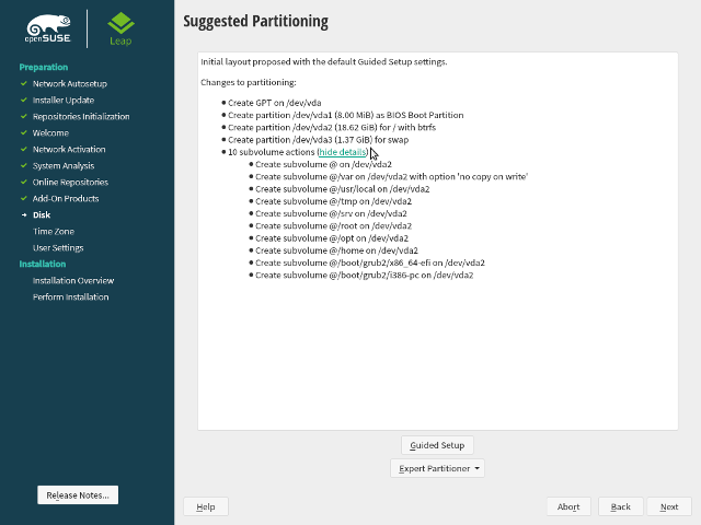openSUSE Leap 15.1 - DVD - Vorgeschlagene Partitionierung