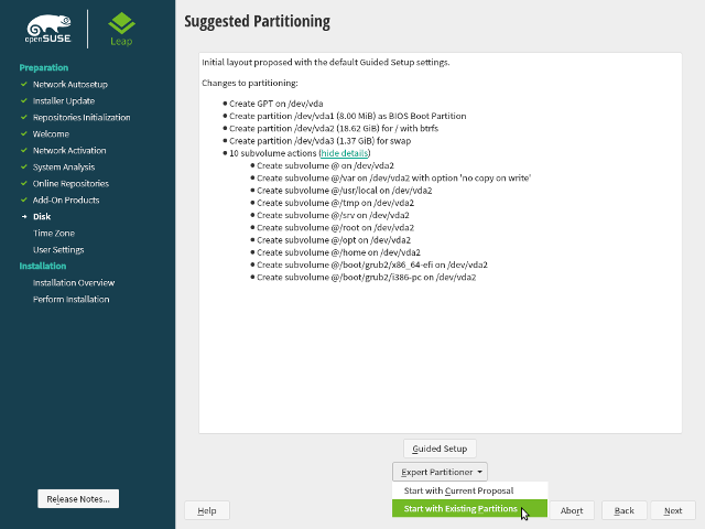 openSUSE Leap 15.1 - DVD - Experten Partitionierung - Start mit einer existierenden Partition