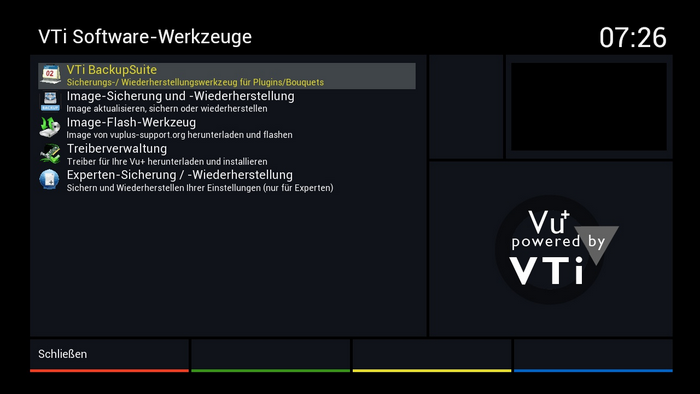 Vu+ Duo² - Hauptmenü - VTi Panel - VTi Software-Werkzeuge - VTi BackupSuite