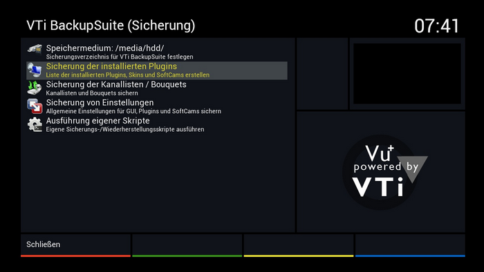 Vu+ Duo² - Hauptmenü - VTi Panel - VTi Software-Werkzeuge - VTi BackupSuite (Sicherung) - Sicherung der installierten Plugins