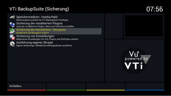 Vu+ Duo² - Hauptmenü - VTi Panel - VTi Software-Werkzeuge - VTi BackupSuite (Sicherung) - Sicherung der Kanallisten / Bouquets