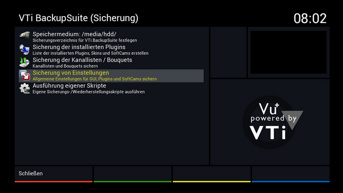 Vu+ Duo² - Hauptmenü - VTi Panel - VTi Software-Werkzeuge - VTi BackupSuite (Sicherung) - Sicherung von Einstellungen