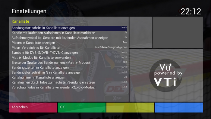 Vu+ Duo² - Hauptmenü - VTi - Einstellungen - Kanalliste - Standardeinstellungen