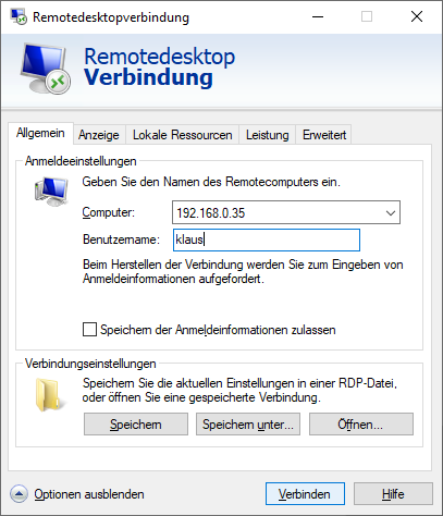 Microsoft™ Remote Desktop Client - Start - Optionen einblenden